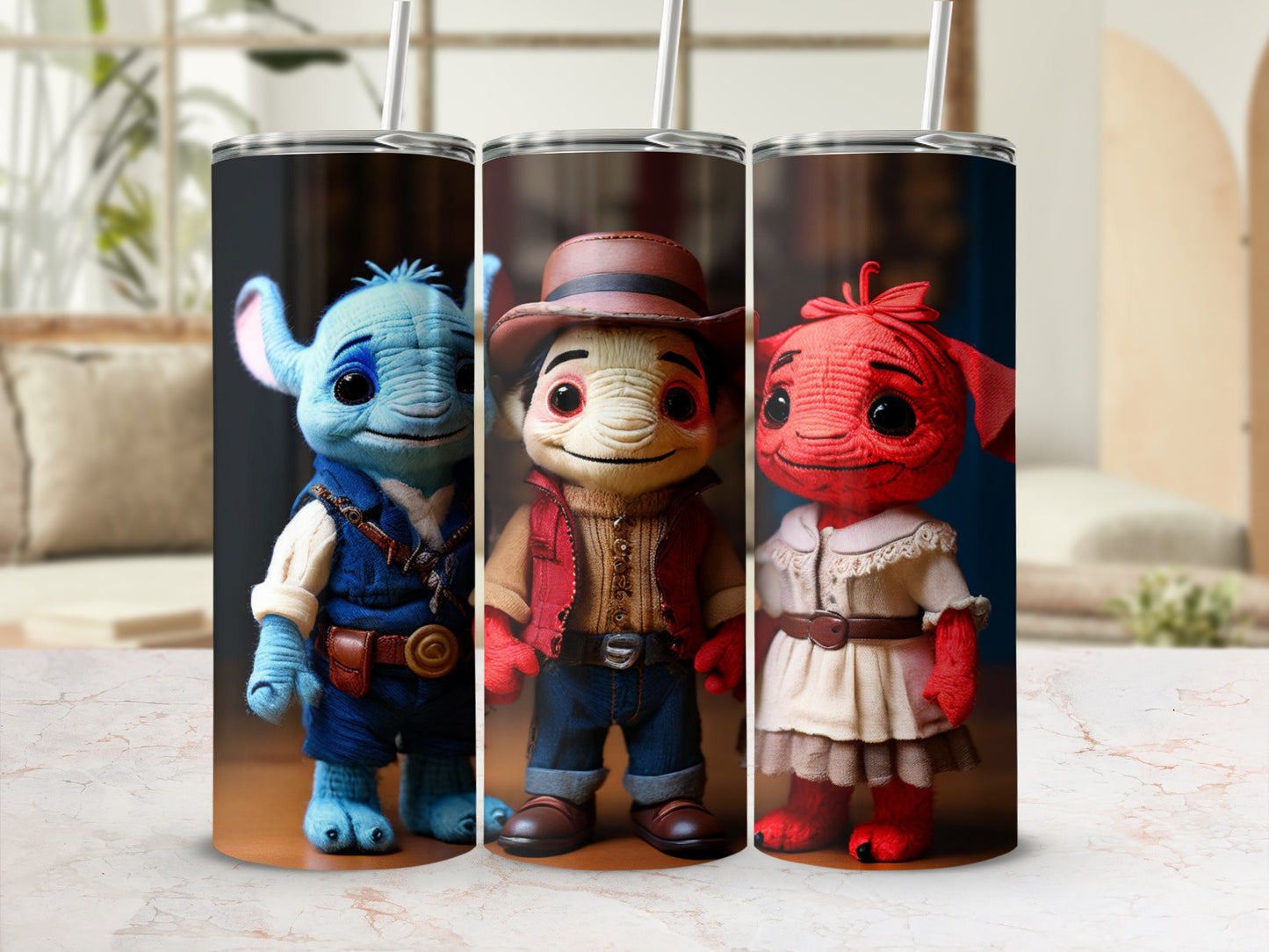 Three plush toys: blue creature in vest, character in cowboy outfit, and red creature in dress.
