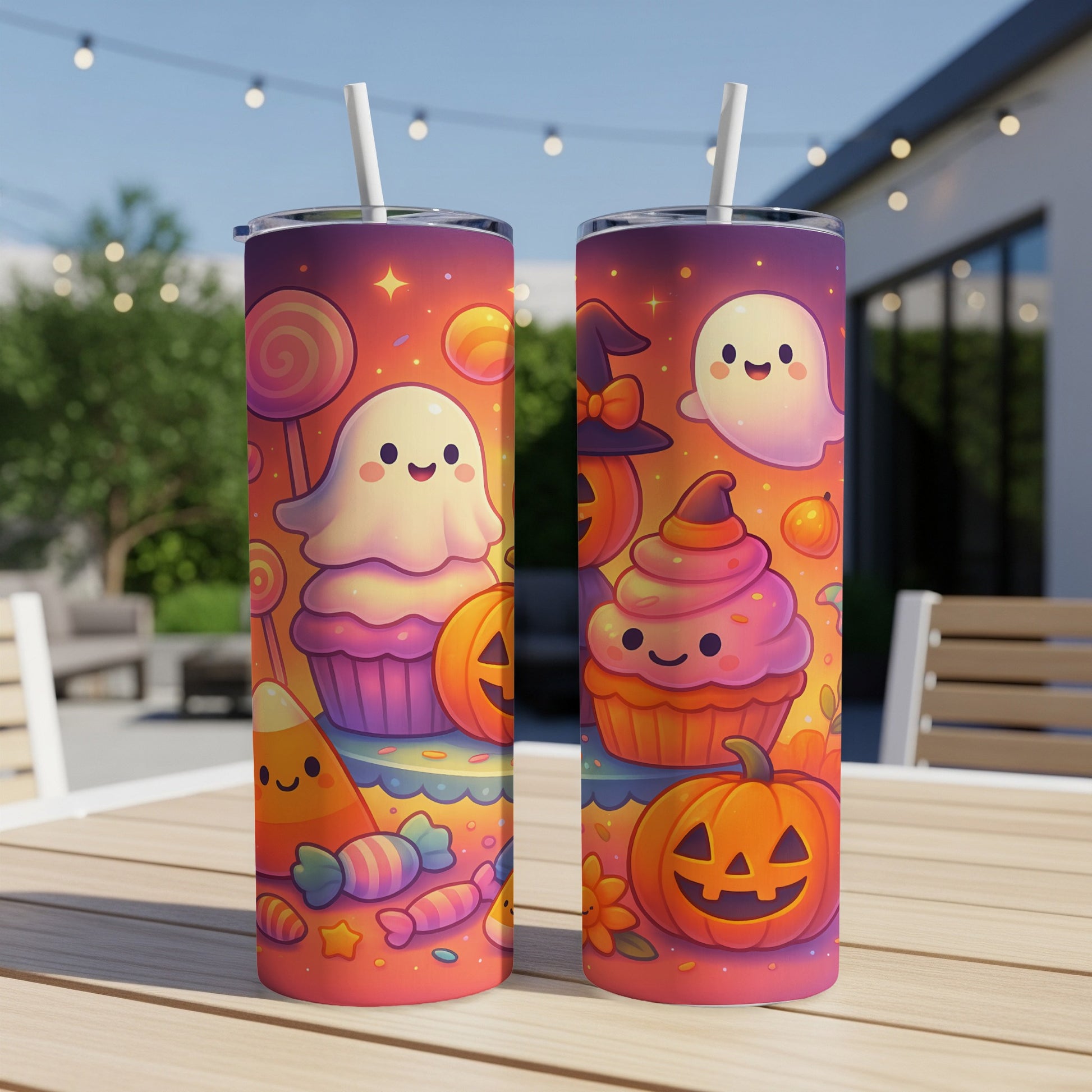 Two tumblers with Halloween kawaii designs featuring ghosts, cupcakes, pumpkins, and candy.