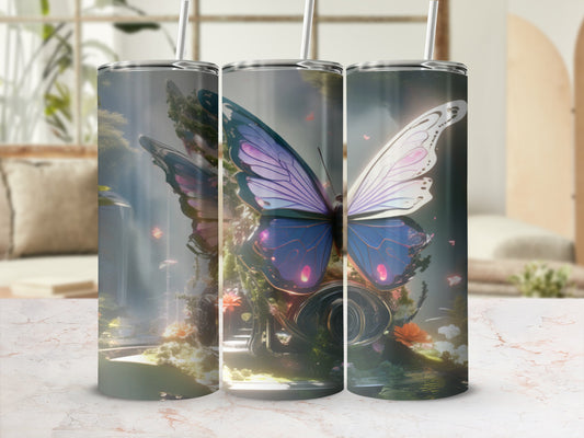 Three tumblers with iridescent butterfly wings and floral designs.