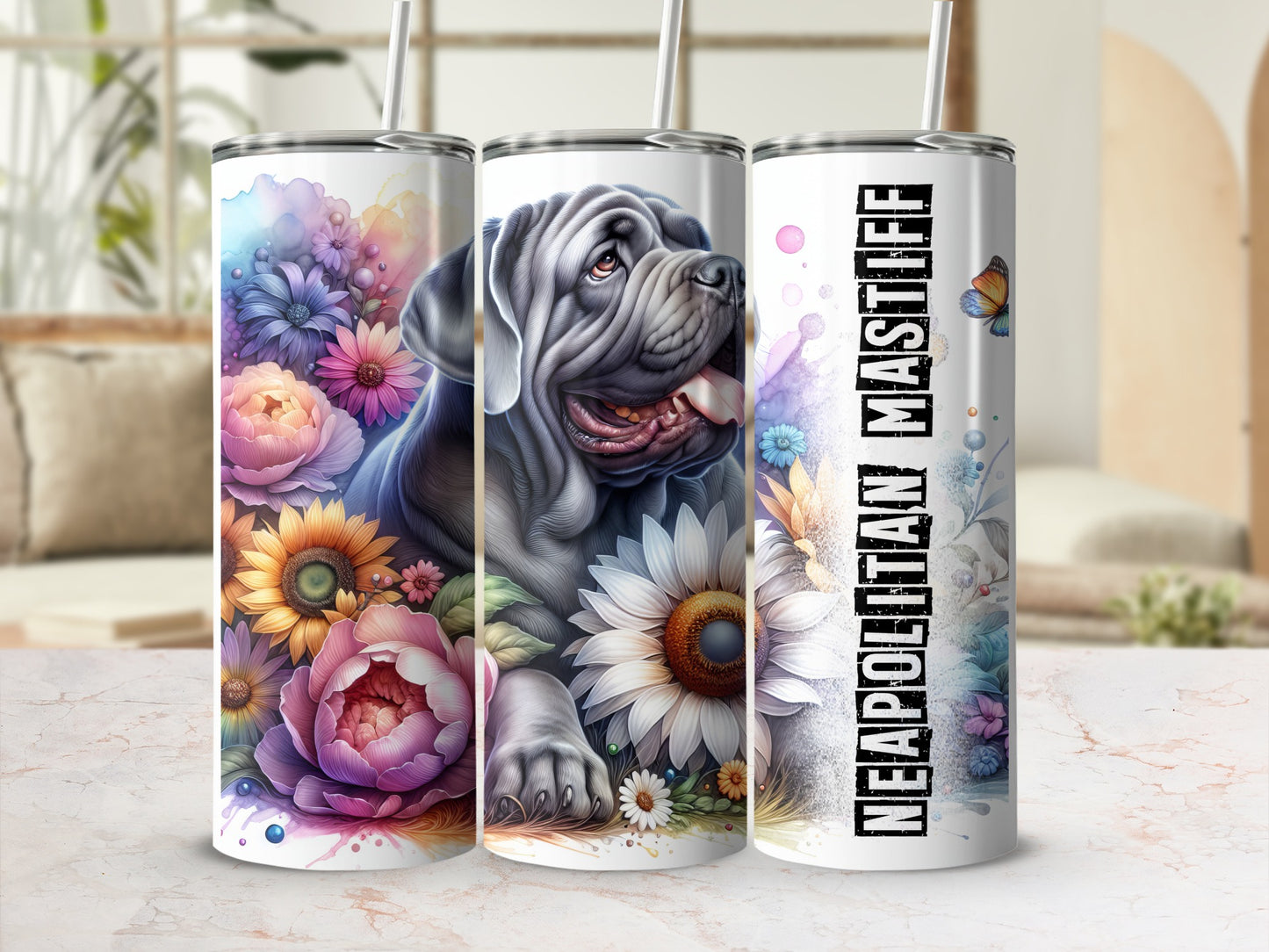 Neapolitan Mastiff with colorful flowers, text "NEAPOLITAN MASTIFF".