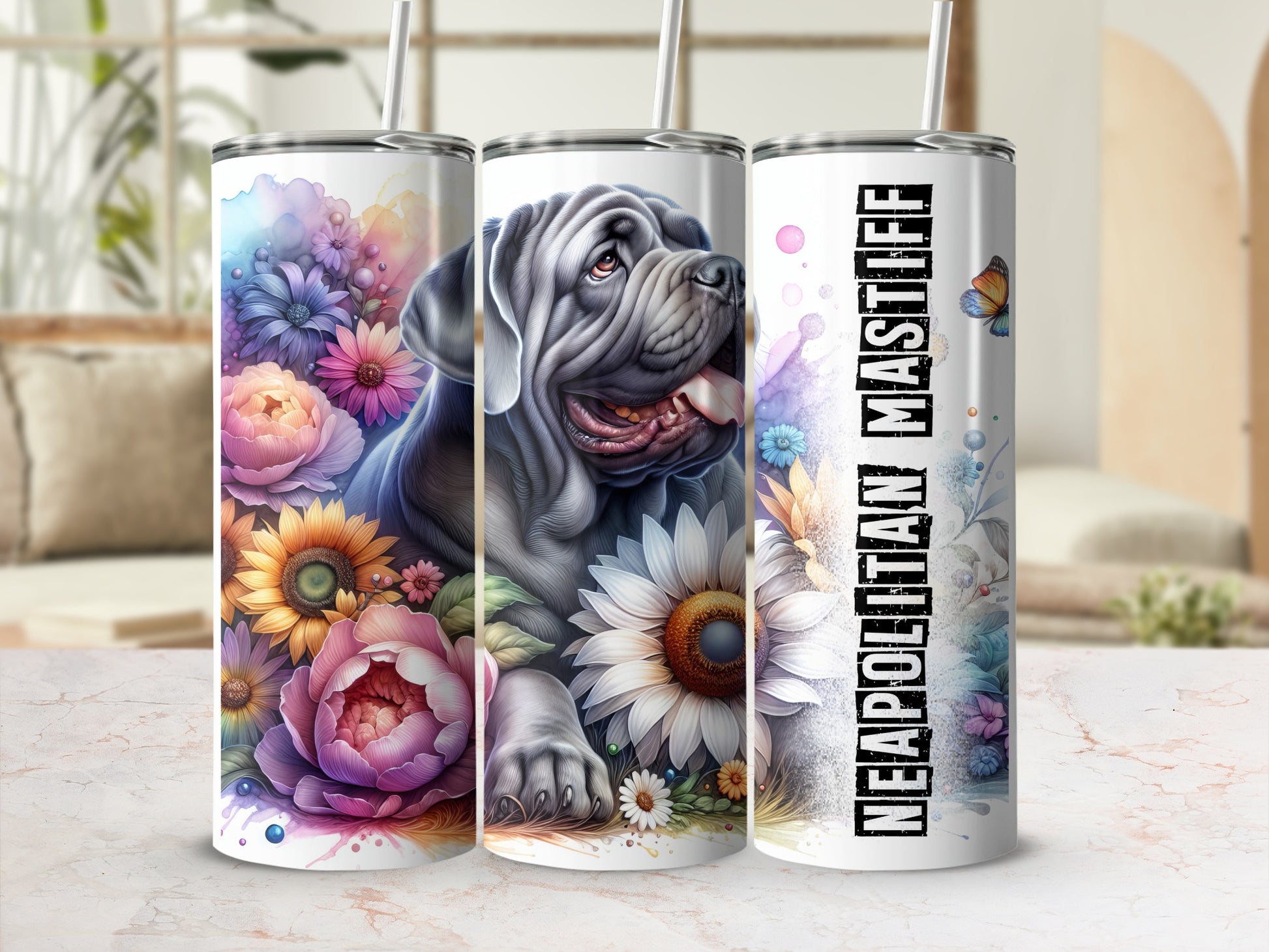 Neapolitan Mastiff with colorful flowers, text "NEAPOLITAN MASTIFF".