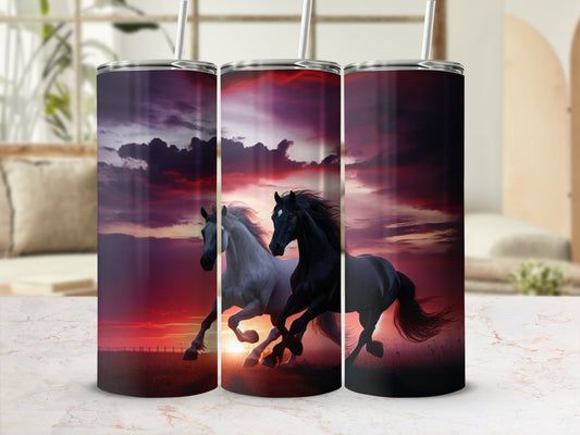 Three tumblers featuring a sunset with horses running across a field.