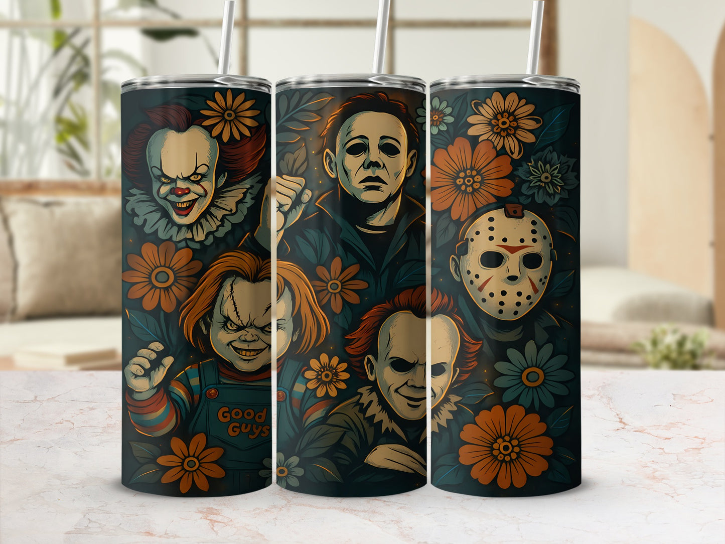 Tumbler with Pennywise, Chucky, Michael Myers, and Jason Voorhees artwork surrounded by flowers.