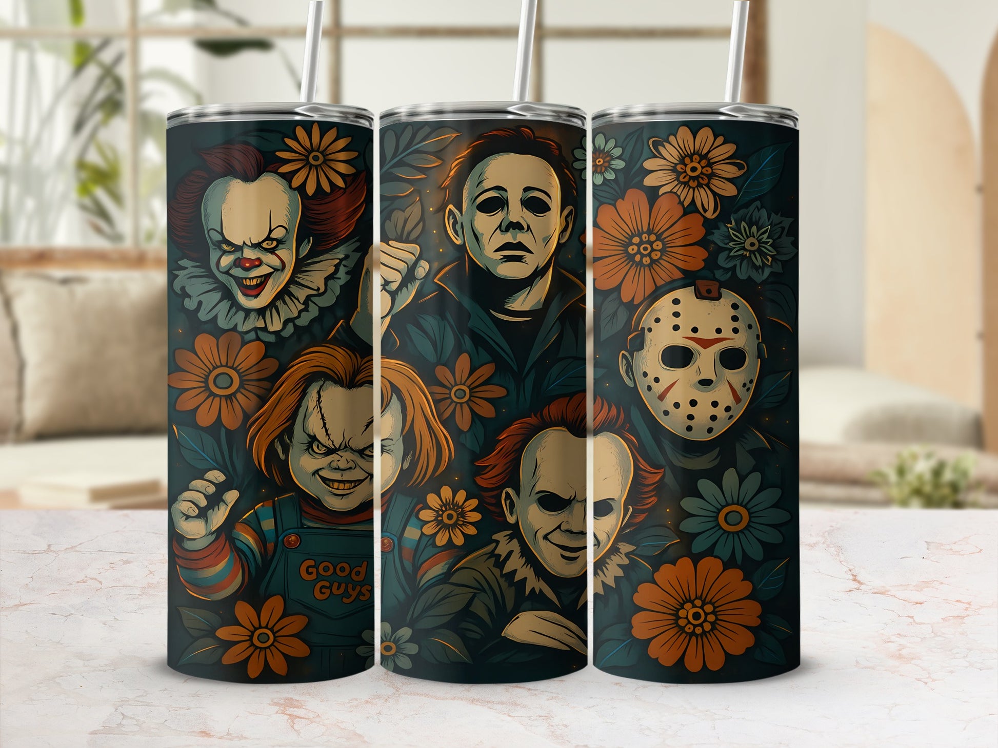 Tumbler with Pennywise, Chucky, Michael Myers, and Jason Voorhees artwork surrounded by flowers.