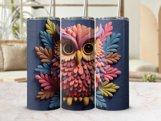 Three tumblers featuring a colorful, textured owl design against a dark blue background.