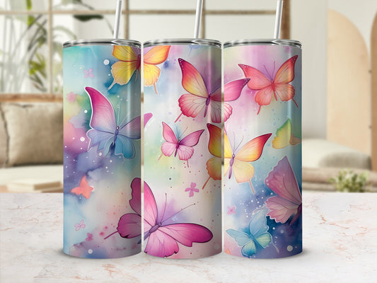 Three tumblers with colorful butterfly designs and watercolor background.