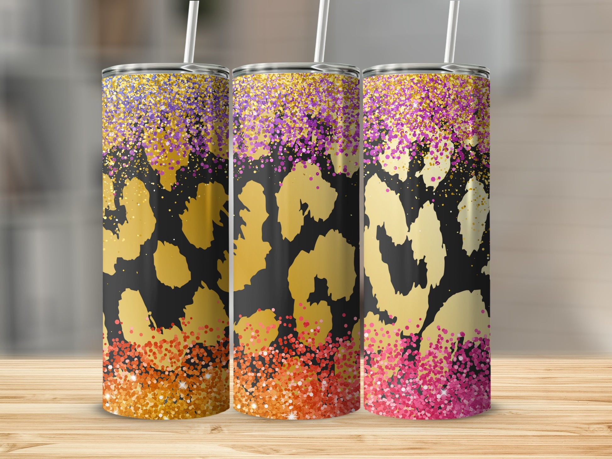 Colorful Leopard Print Glitter Skinny Tumbler