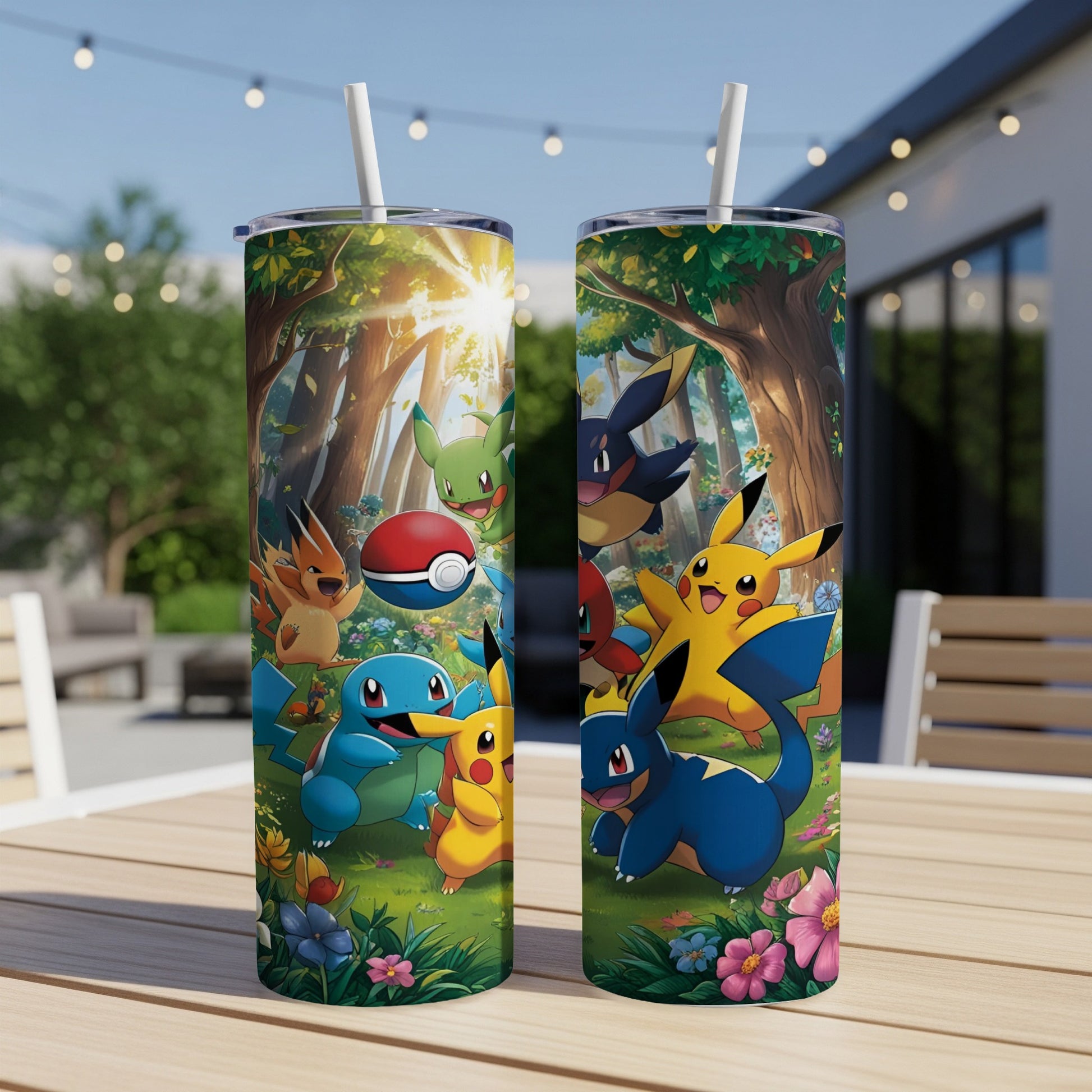 Two Pokémon tumblers featuring Pikachu, Charmander, Squirtle, and others in a forest.