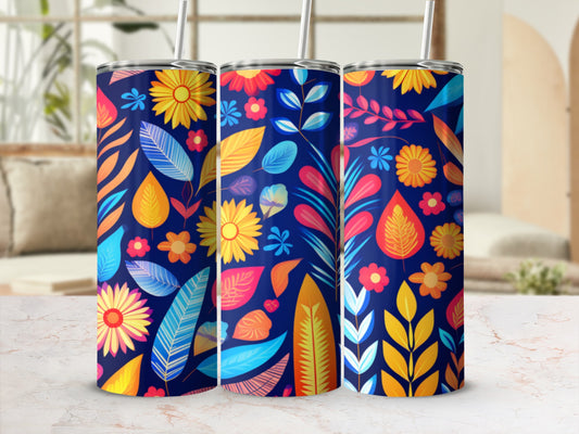 Three tumblers with a colorful floral and leaf pattern.