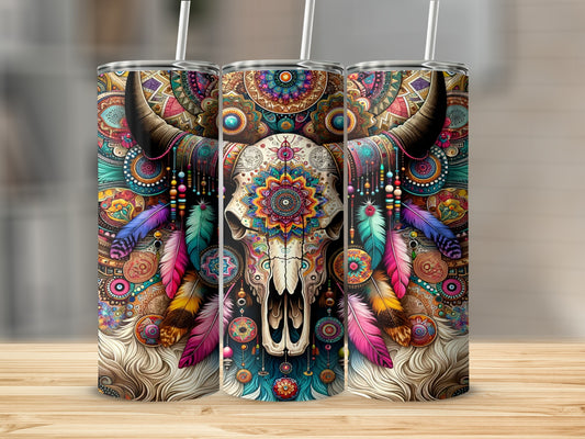 Tribal skull with colorful mandala, feathers, and beads on a tumbler.