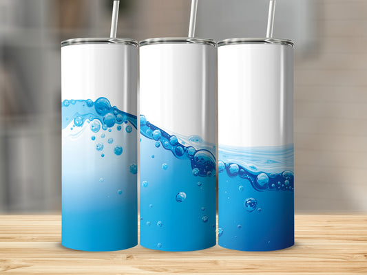 Three white tumblers with a blue water ripple design.
