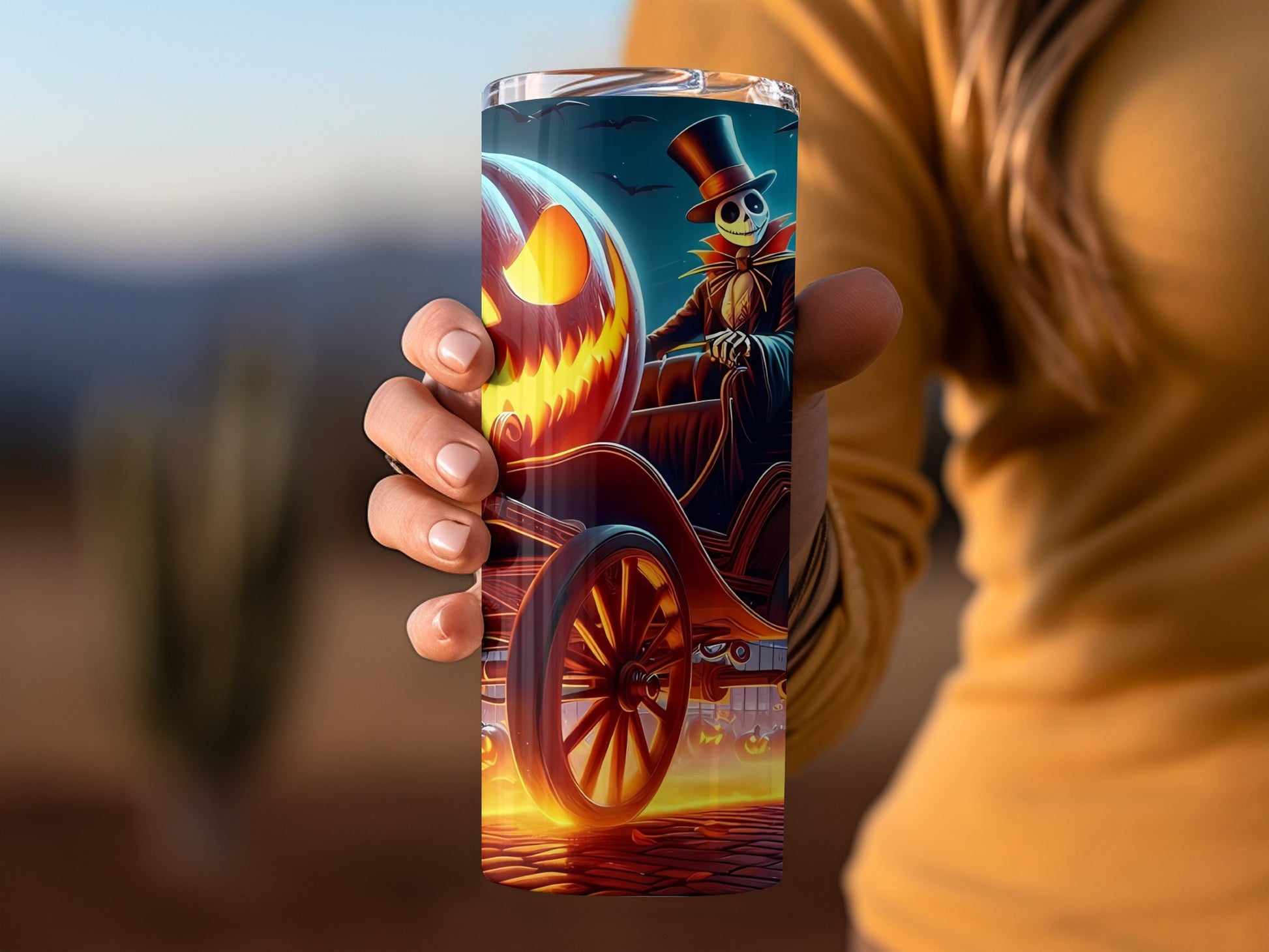 Spooky Skeleton Top Hat Pumpkin Scene Novelty Tumbler