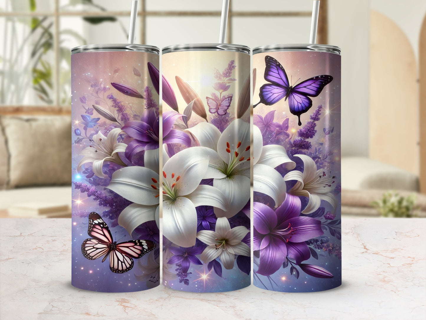 Beautiful Butterfly and Lilies Themed Tumbler