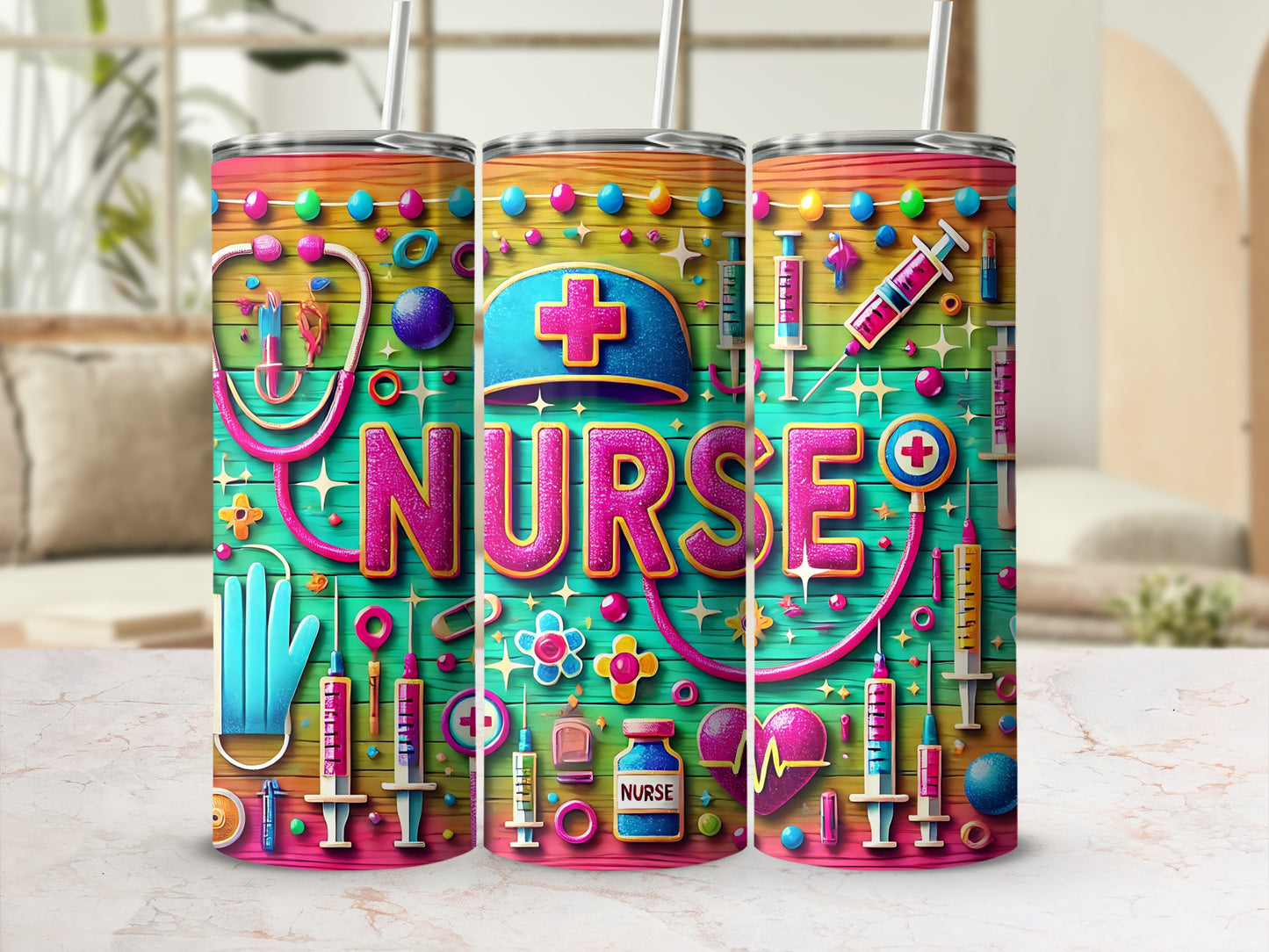 Colorful tumbler with nurse-themed icons and the word "Nurse."