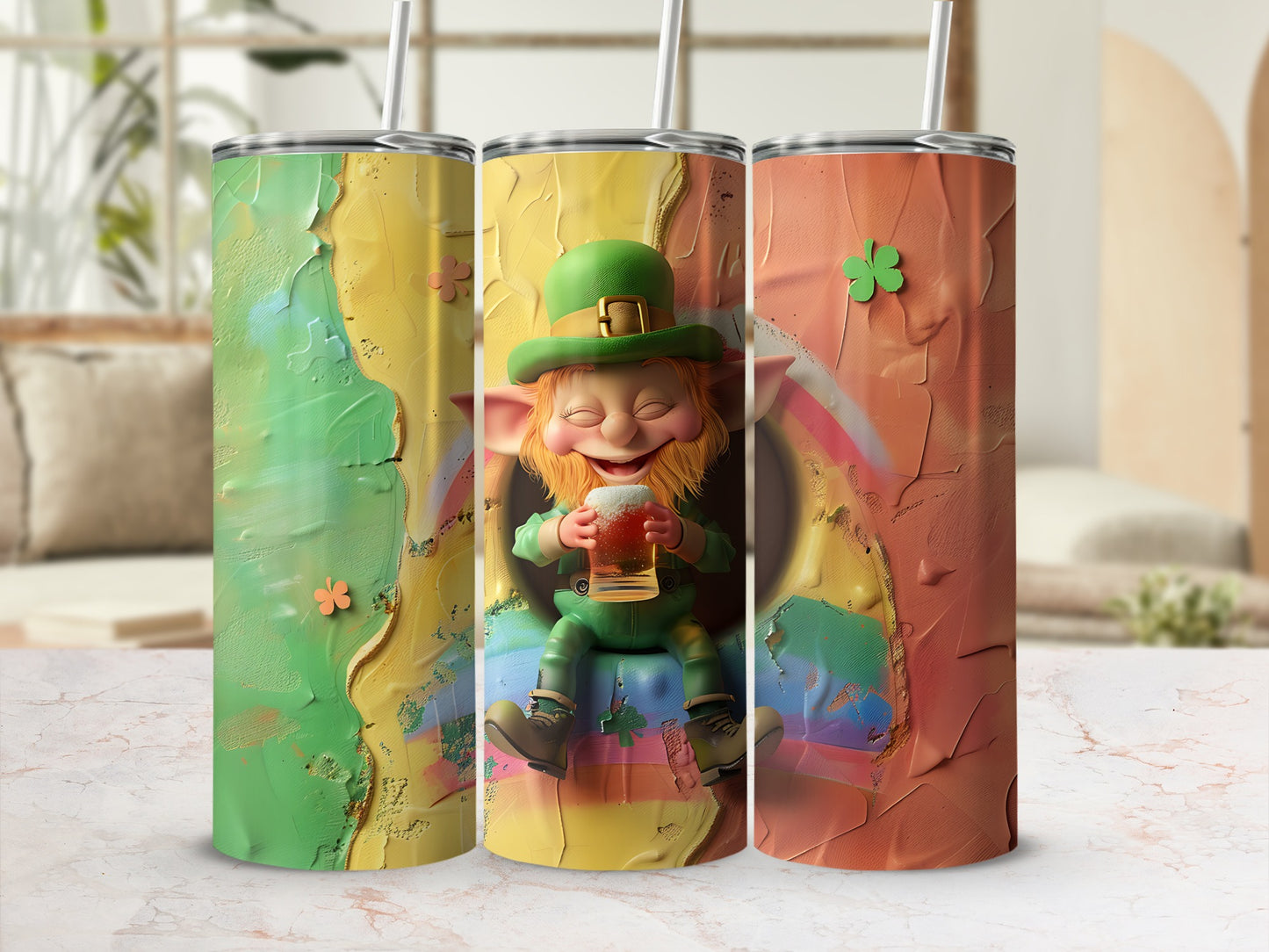 Leprechaun holding beer in front of colorful abstract background.