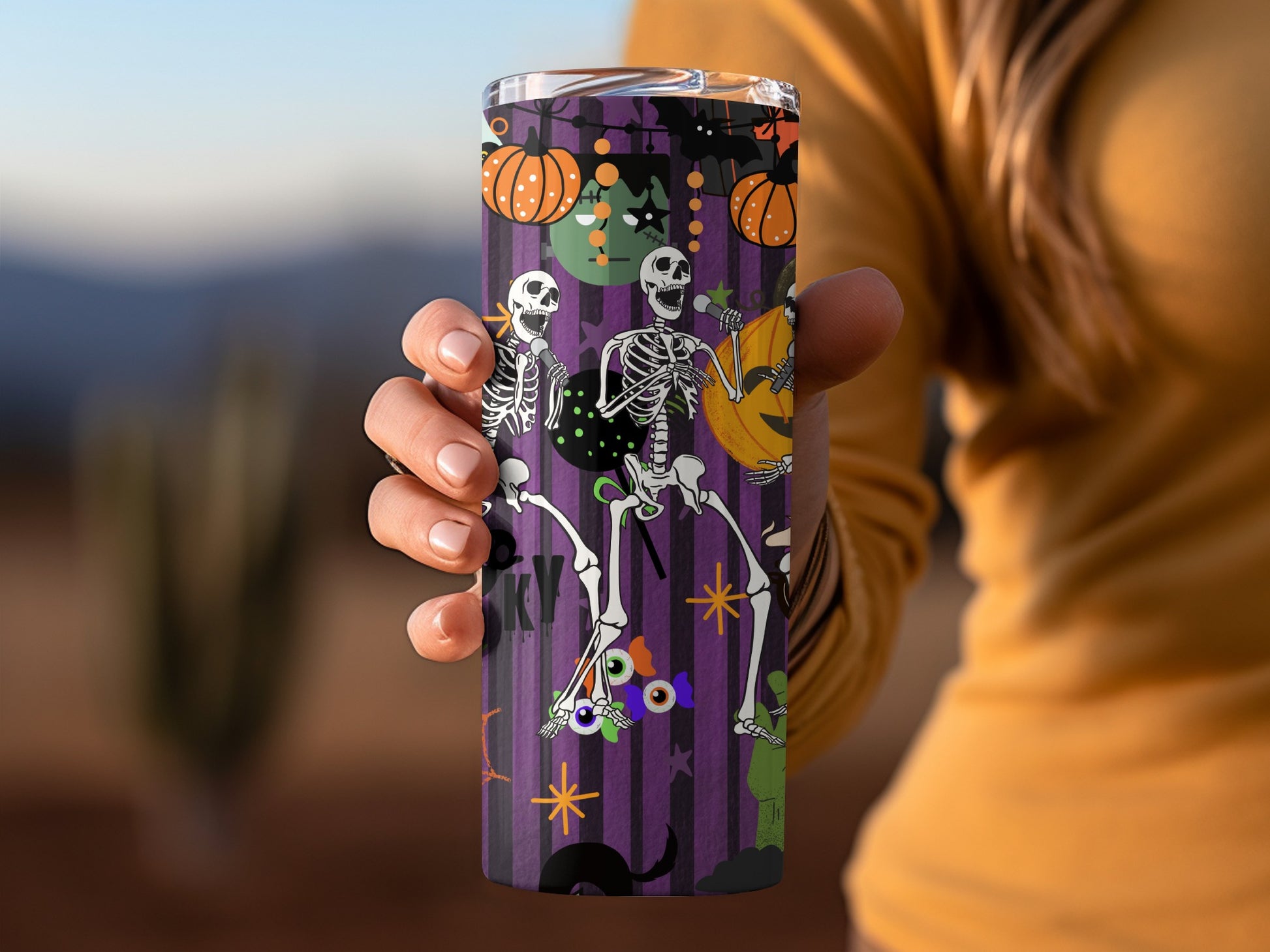 Halloween Dancing Skeletons and Pumpkins Tumbler
