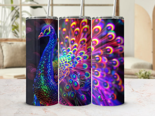Three tumblers featuring a vibrant, glowing peacock feather design.