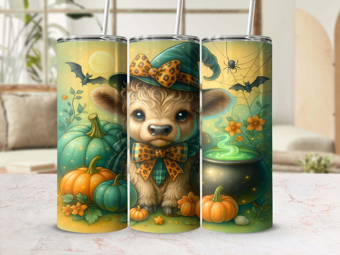 Cow with witch hat and bow tie surrounded by pumpkins, bats, and a cauldron.