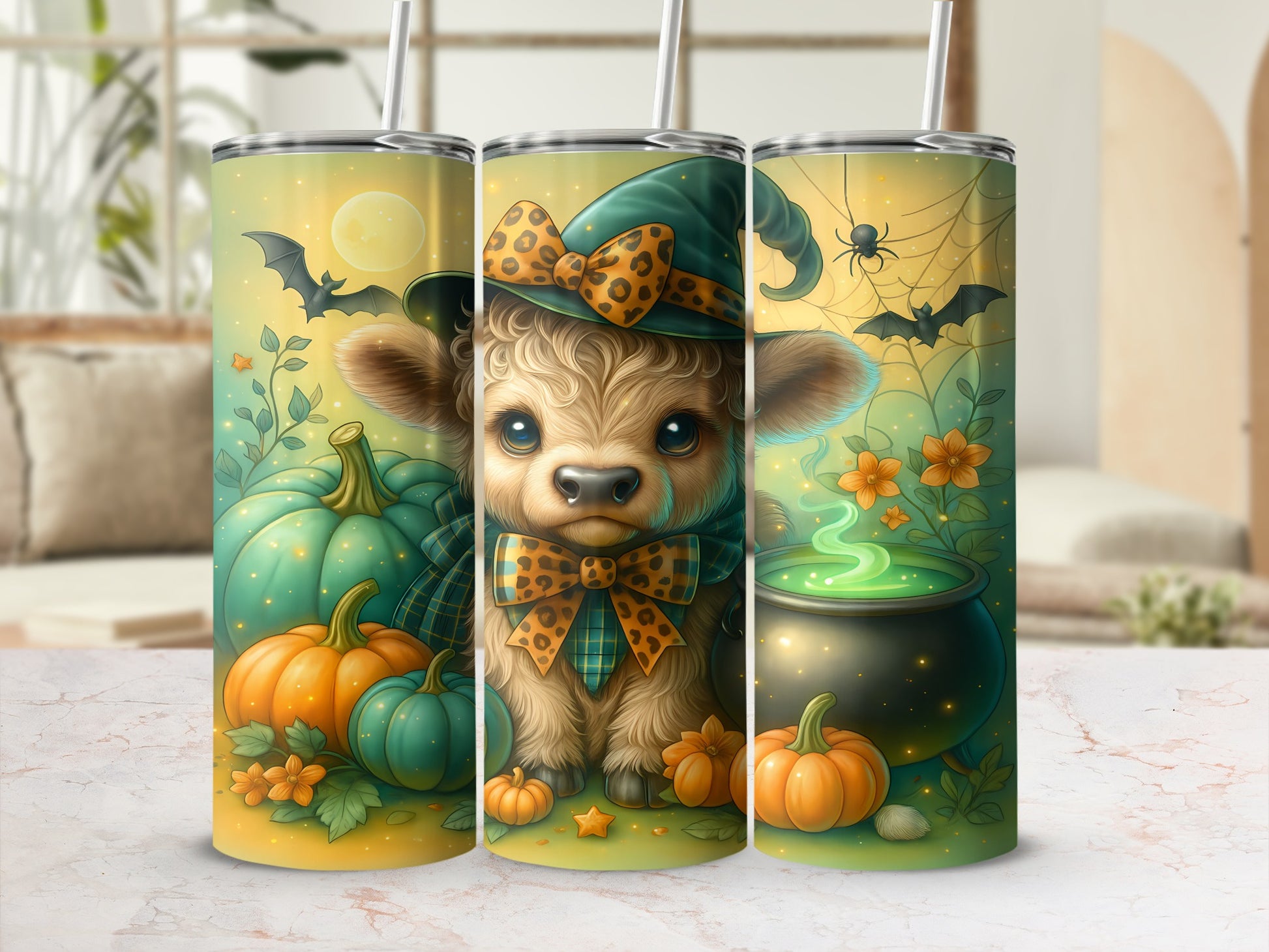 Cow with witch hat and bow tie surrounded by pumpkins, bats, and a cauldron.