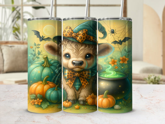 Cow with witch hat and bow tie surrounded by pumpkins, bats, and a cauldron.