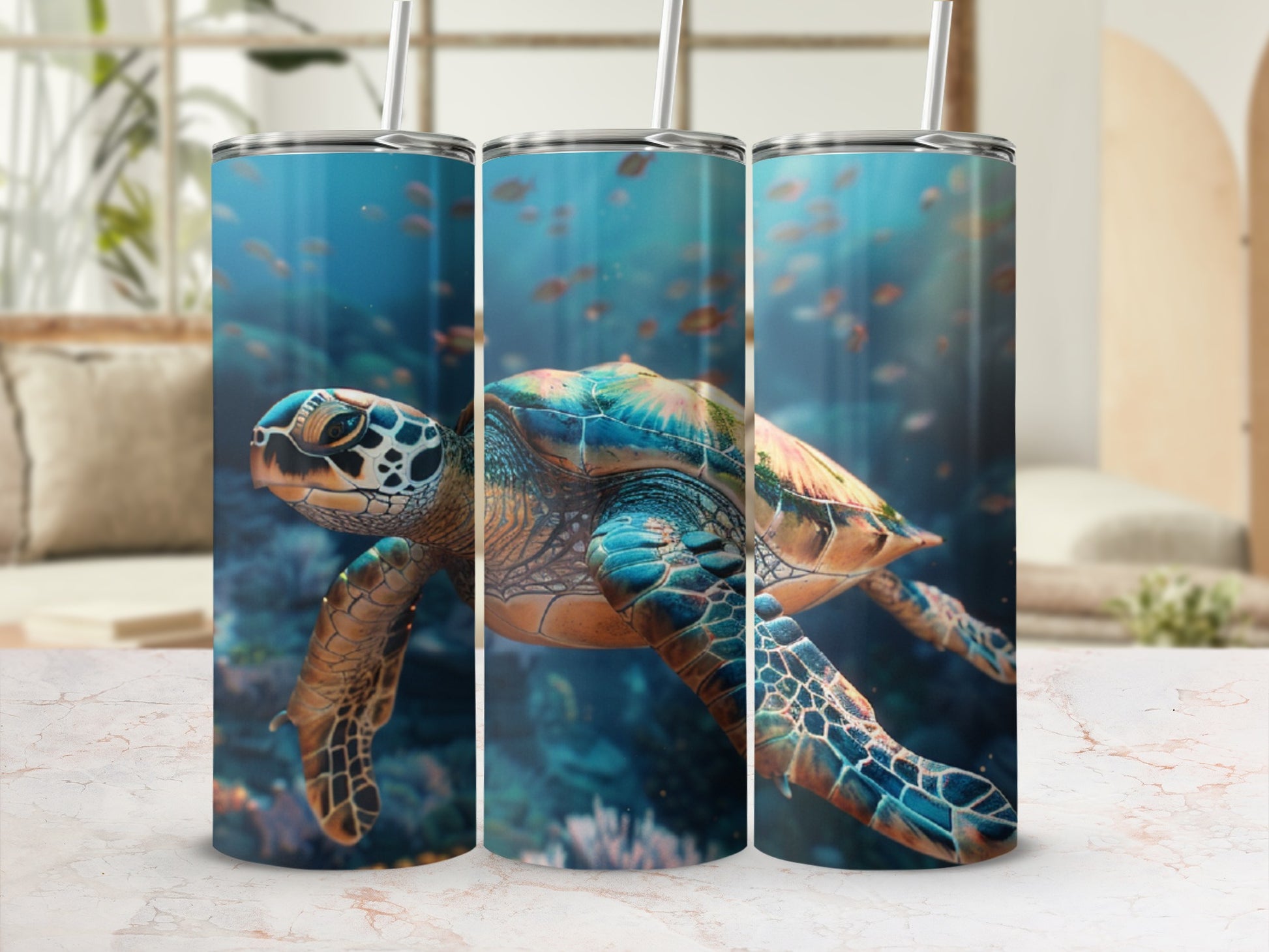 Sea turtle swimming underwater with sunlit ocean background.