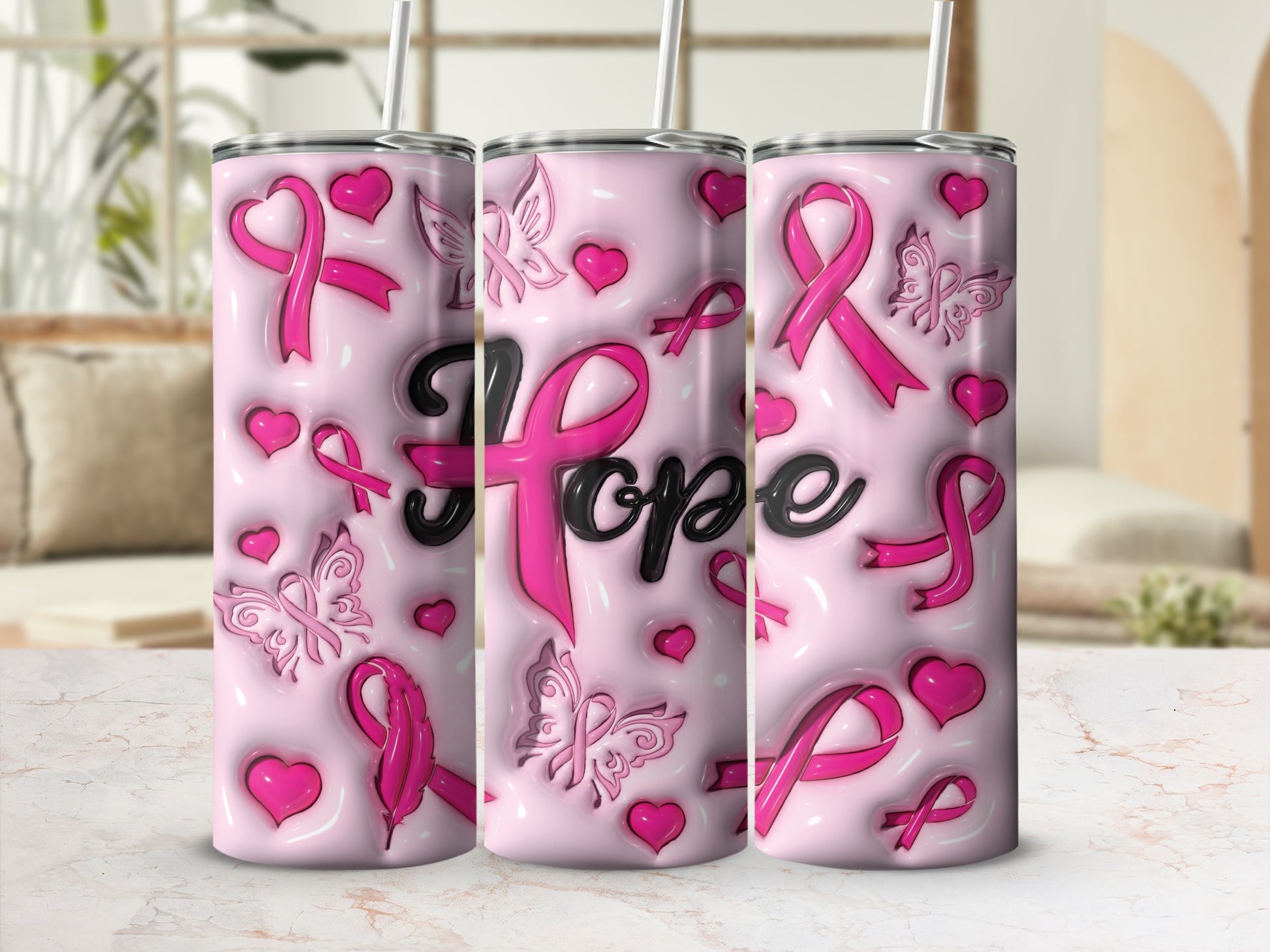 Pink tumbler with "Hope" text, breast cancer ribbons, and butterflies.