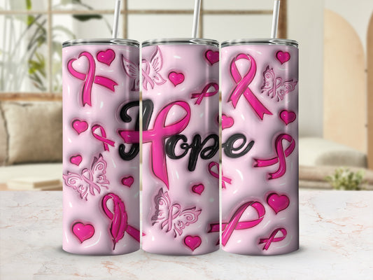 Pink tumbler with "Hope" text, breast cancer ribbons, and butterflies.