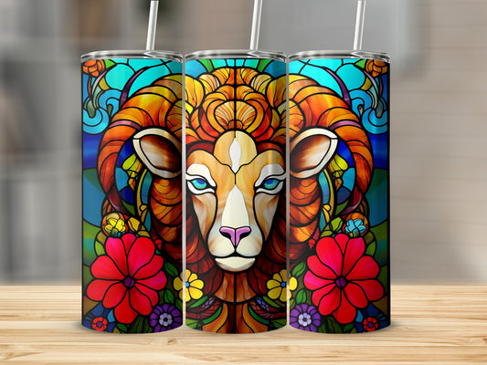 Three tumblers featuring a colorful stained-glass ram with floral accents.