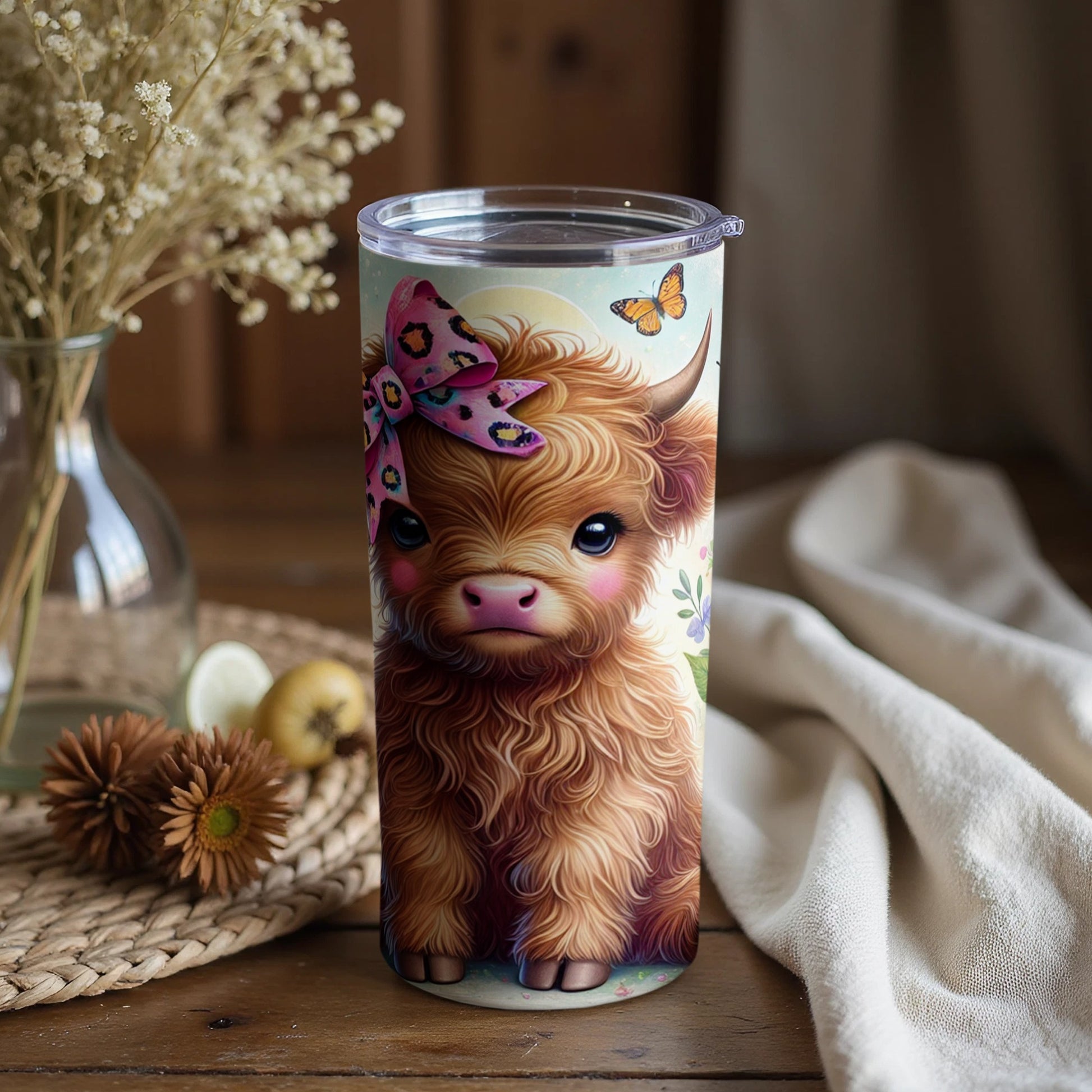 Cute Highland Cow with Floral Bow Tumbler Cup Product