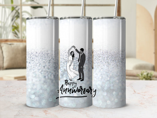 Three tumblers with a wedding couple dancing and "Happy Anniversary" text.