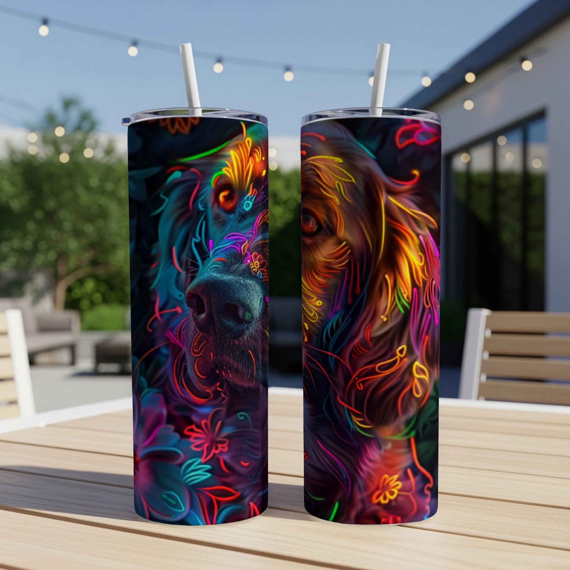 Two tumblers featuring a dog portrait with neon floral accents.