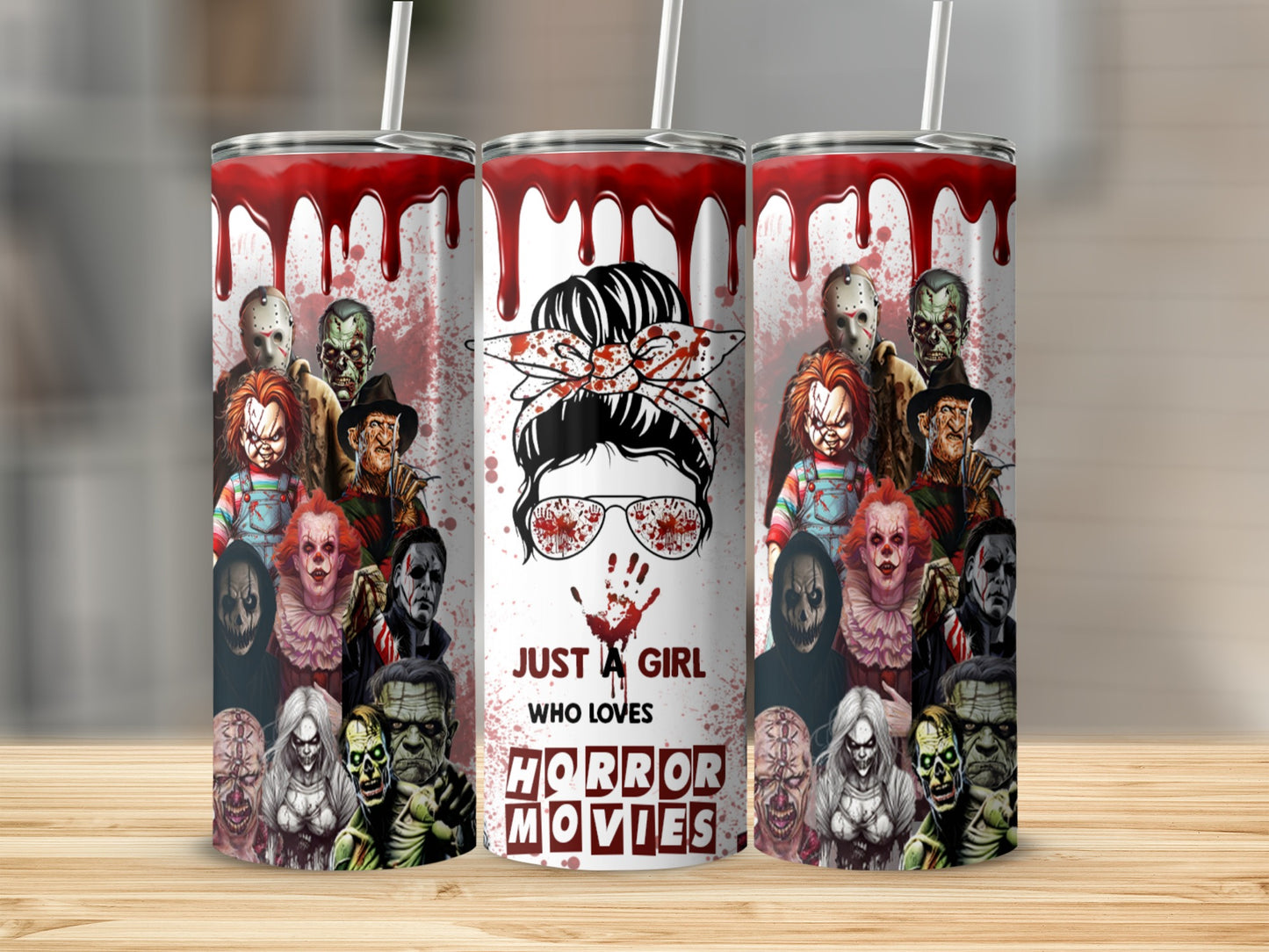 Custom tumbler with horror movie characters and "Just a girl who loves horror movies" text.