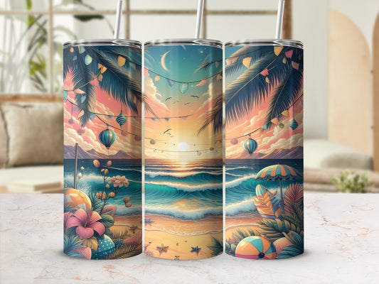 Beach sunset scene with palm trees, umbrellas, and colorful lanterns on tumblers.