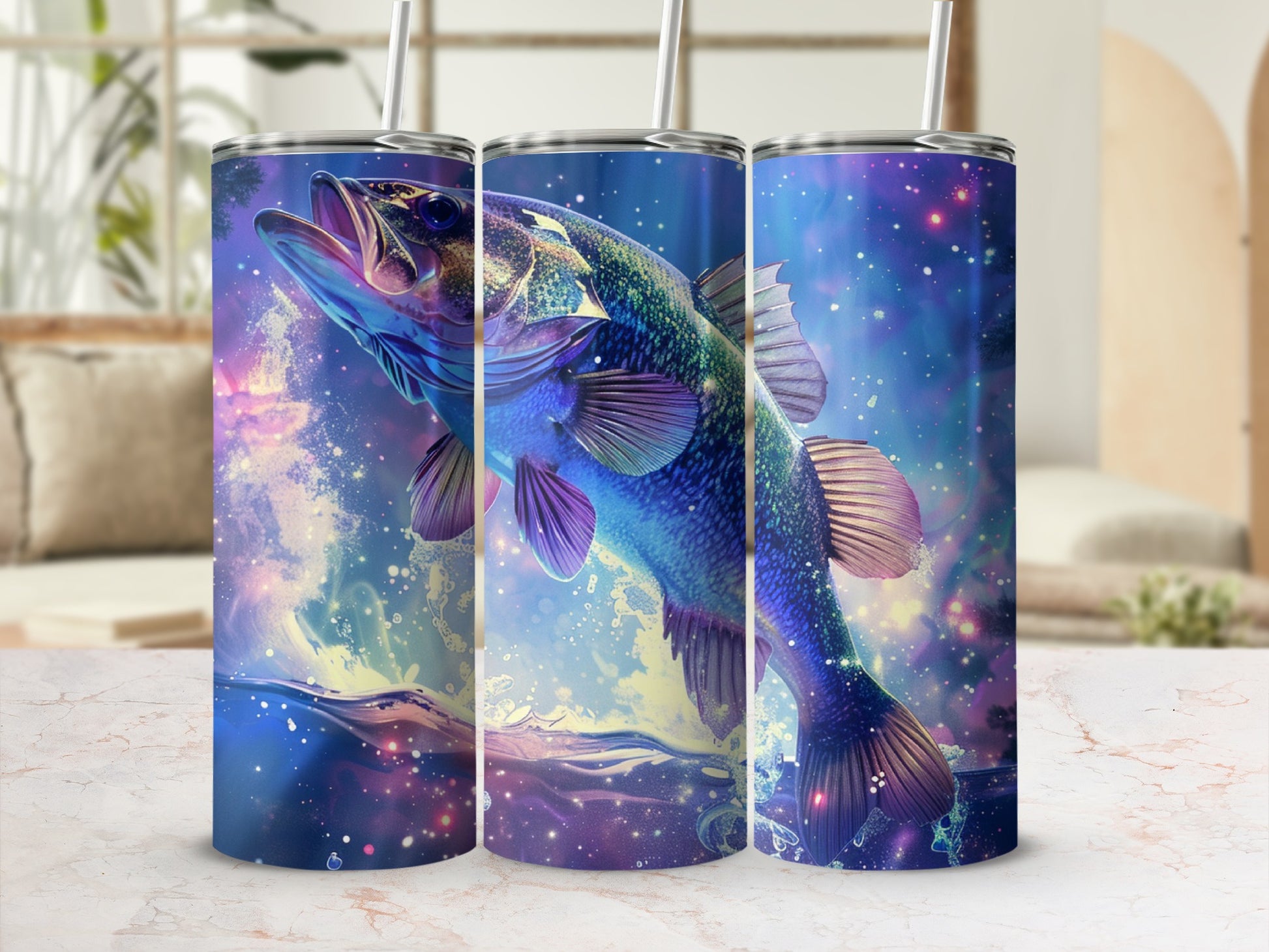 Bass jumping from water with starry galaxy background and straw.