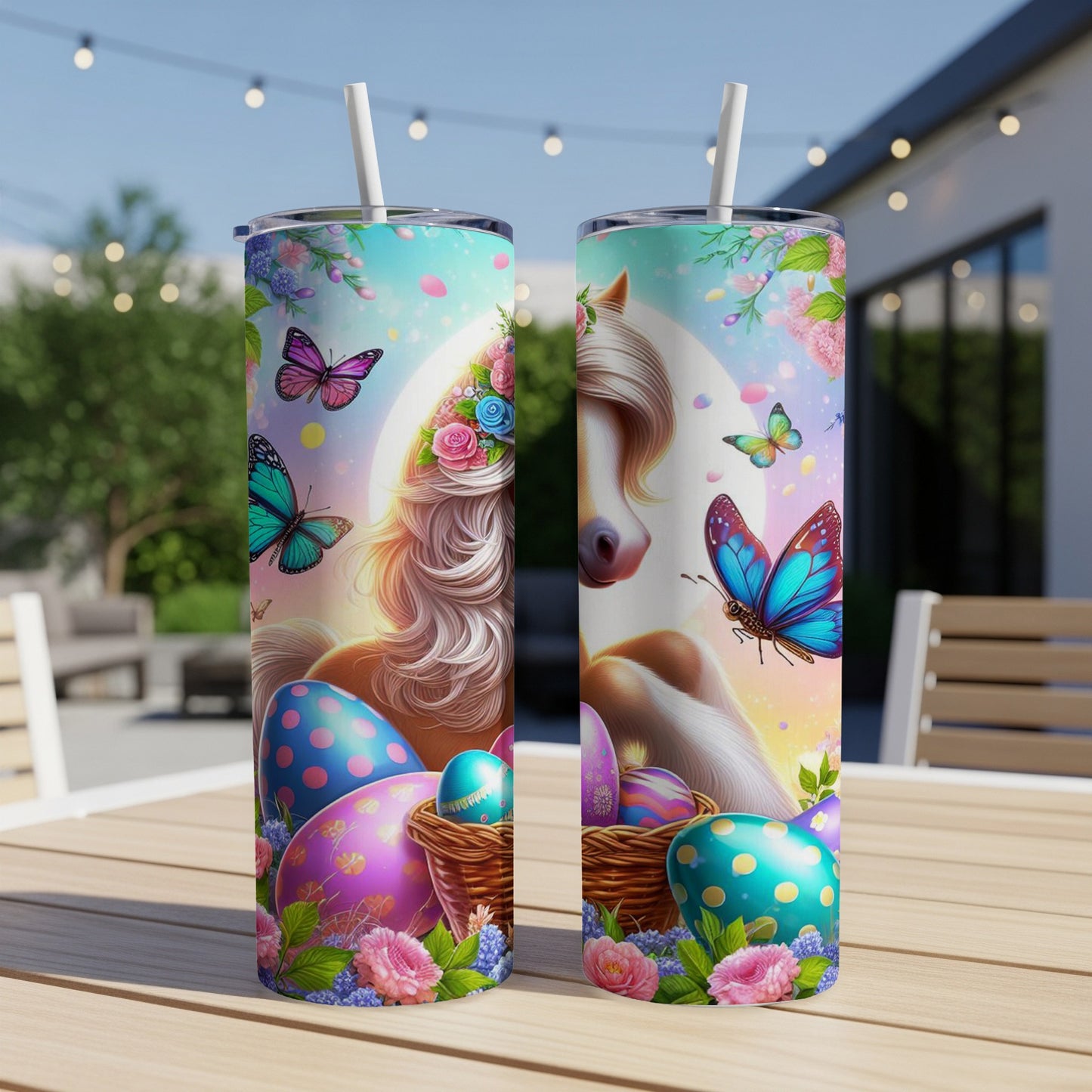 Easter themed tumbler with horse, butterflies, and decorated eggs.