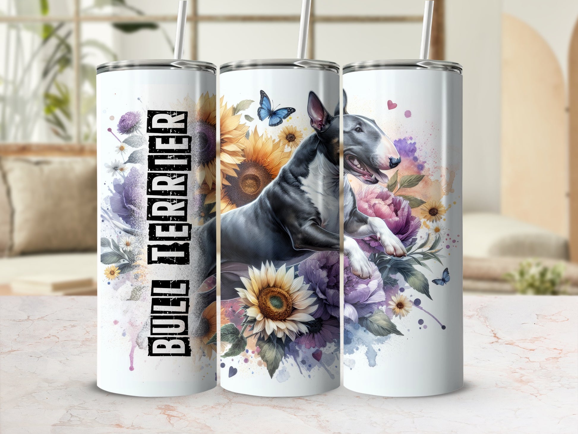 White tumbler with "BULL TERRIER" text and a bull terrier amidst sunflowers and watercolor flowers.