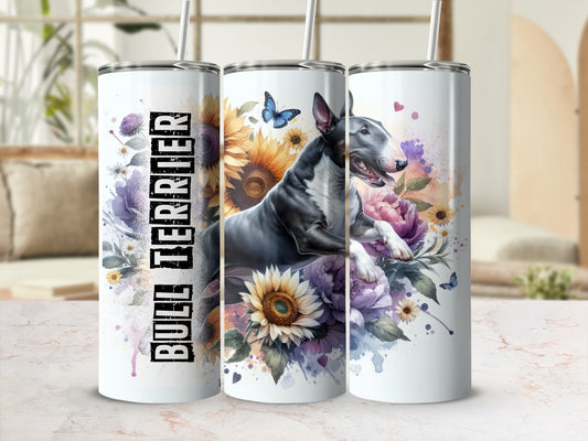 White tumbler with "BULL TERRIER" text and a bull terrier amidst sunflowers and watercolor flowers.