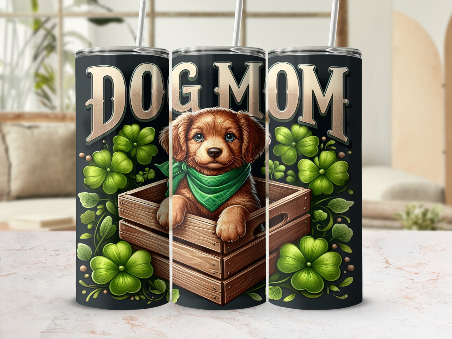 Dog Mom tumbler featuring a cute puppy in a wooden crate with shamrocks.