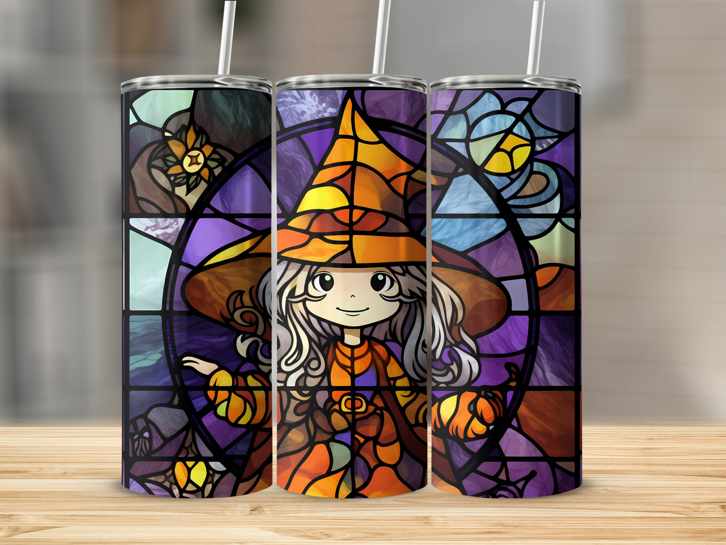 Three stained-glass style tumblers featuring a cute witch with pumpkins.