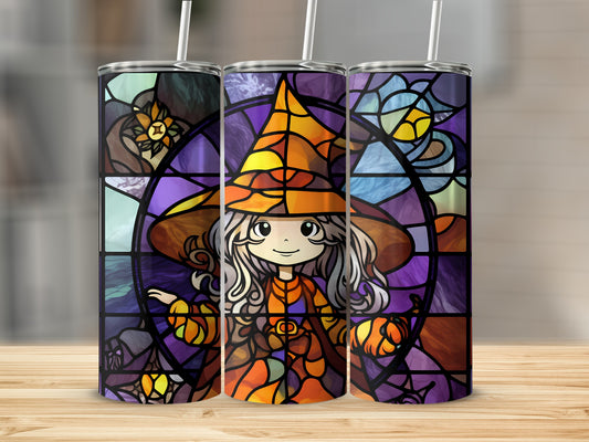 Three stained-glass style tumblers featuring a cute witch with pumpkins.