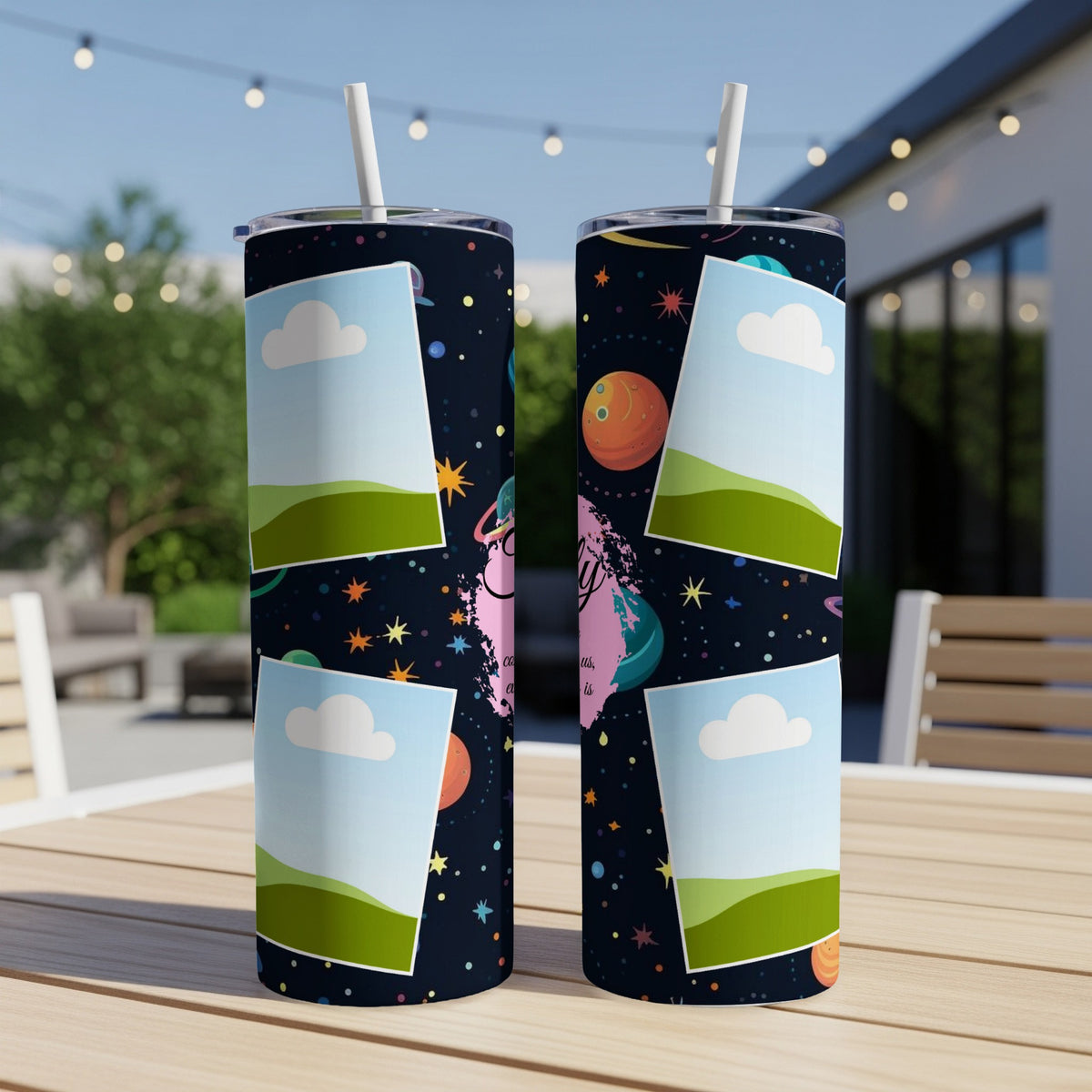 Two tumblers with a dark blue space pattern featuring planets, stars, and customizable photo frames.