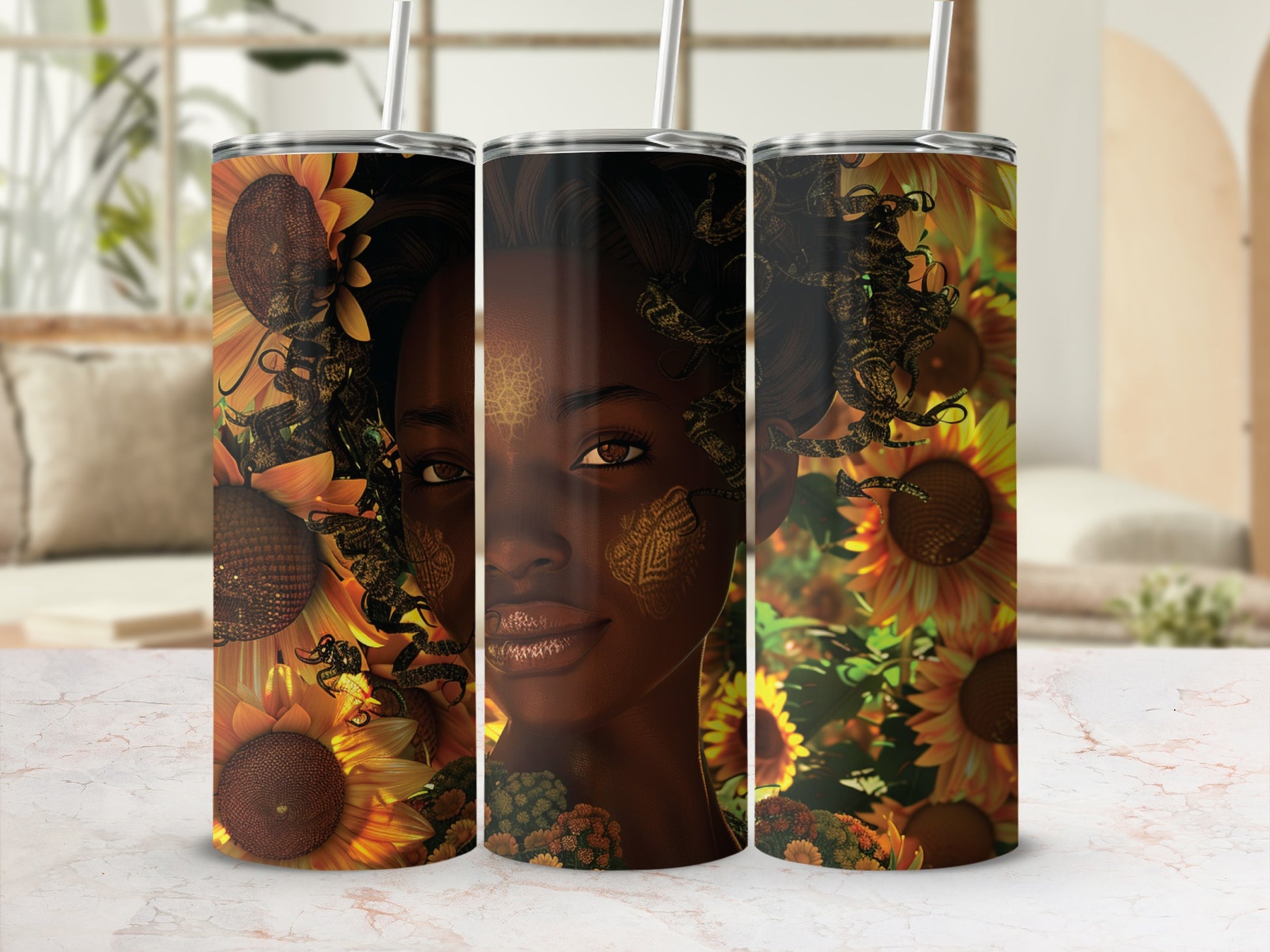 Tumbler featuring a woman's face adorned with sunflowers and gold markings.
