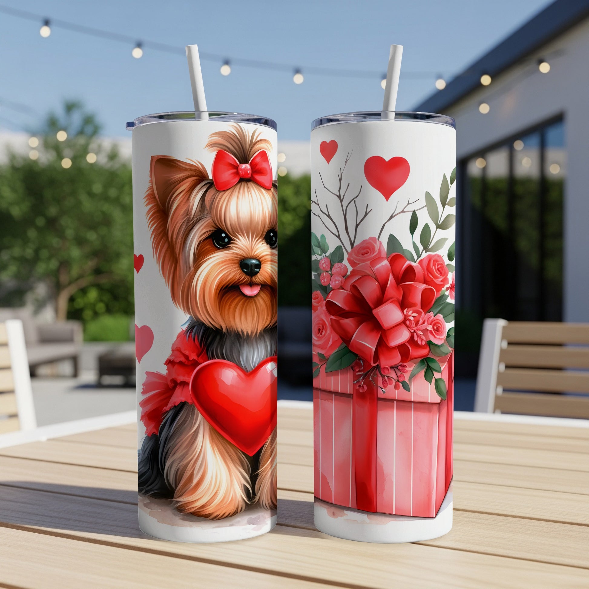 Yorkshire Terrier with heart on tumbler, and gift box with flowers.