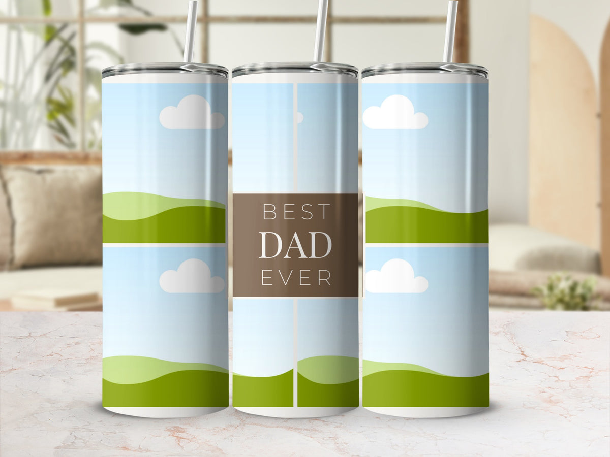 Three tumblers with "BEST DAD EVER" text on brown band, sky and hill design.