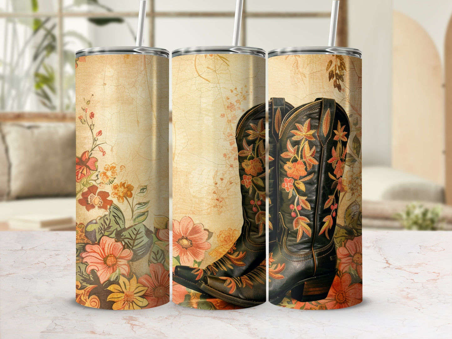 Brown leather cowboy boot with floral embroidery on a textured background.