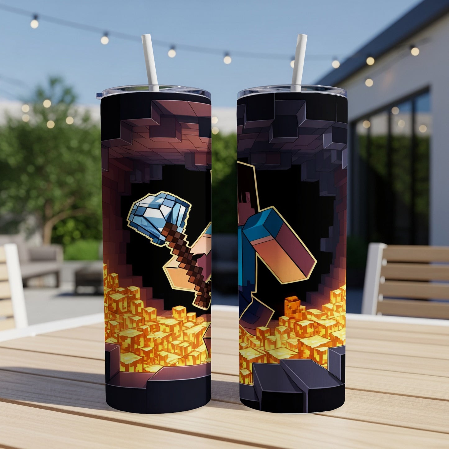 Minecraft diamond pickaxe and character design on two tumblers.