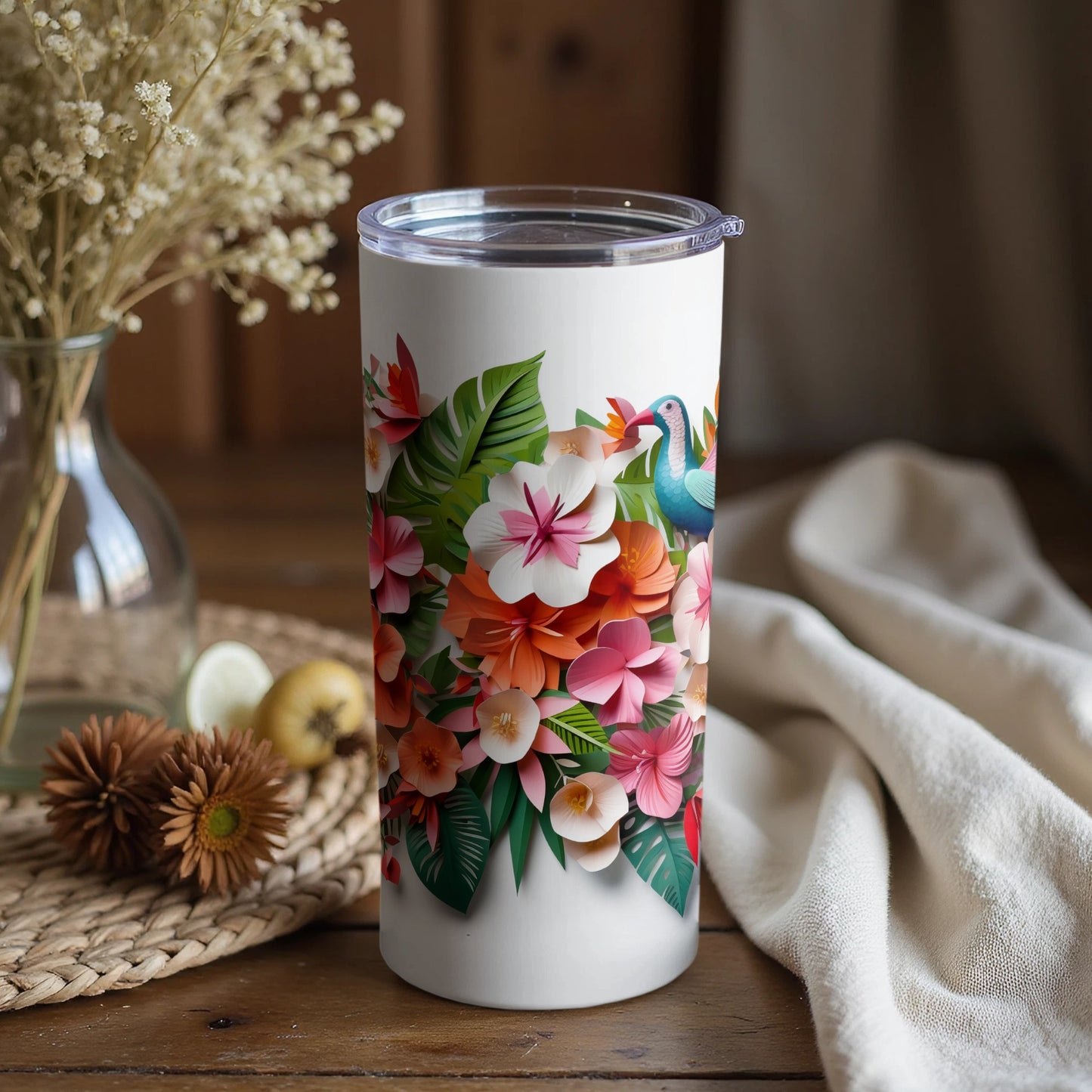 Vibrant Floral Bird Design Insulated Tumbler Cup