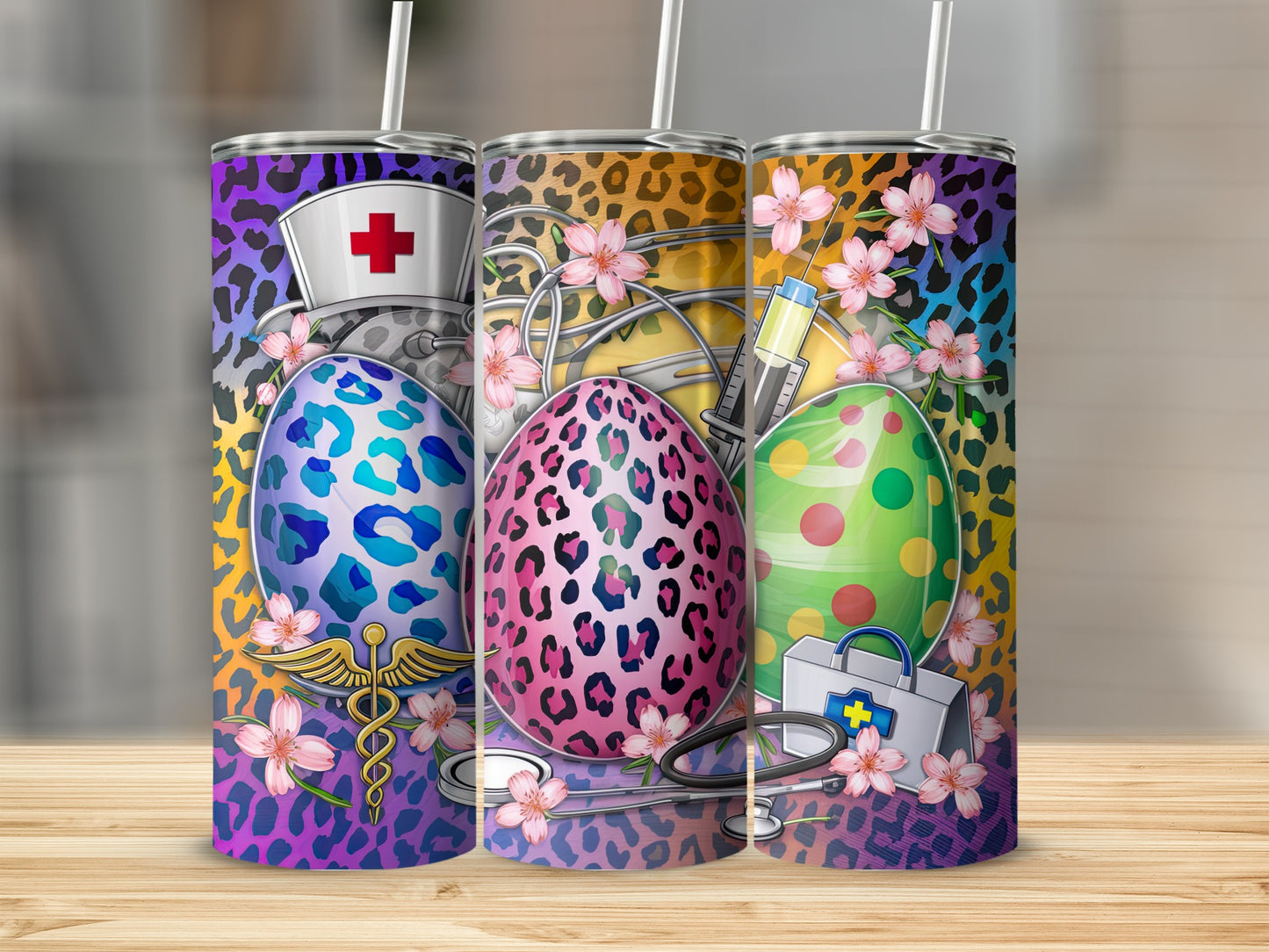 Easter eggs, stethoscope, and medical symbols on patterned tumblers.