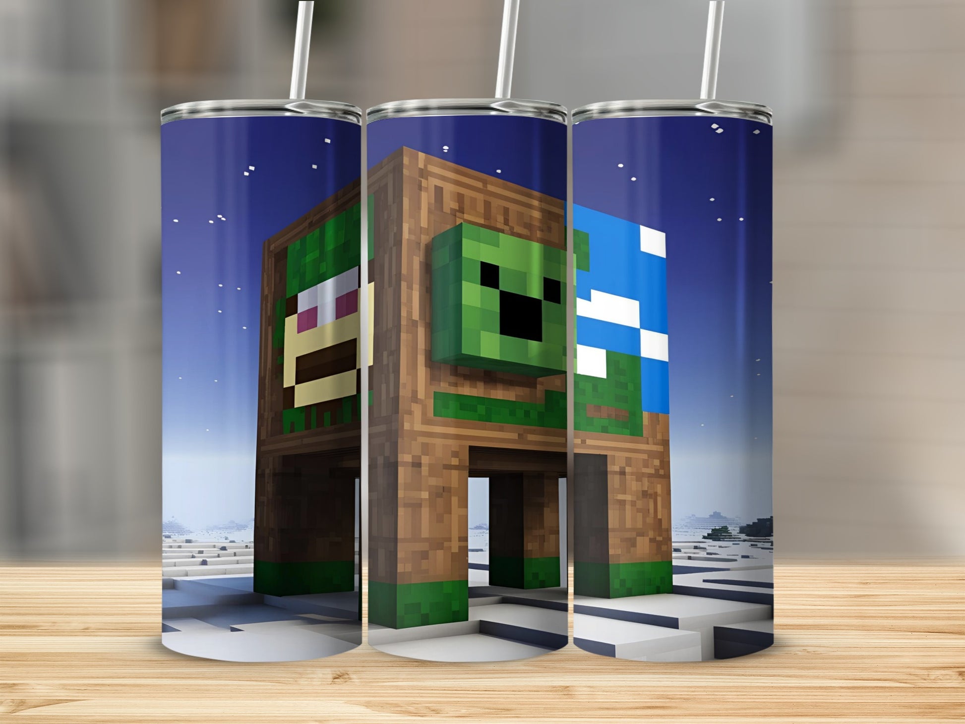 Minecraft-themed tumbler with a Creeper and landscape.