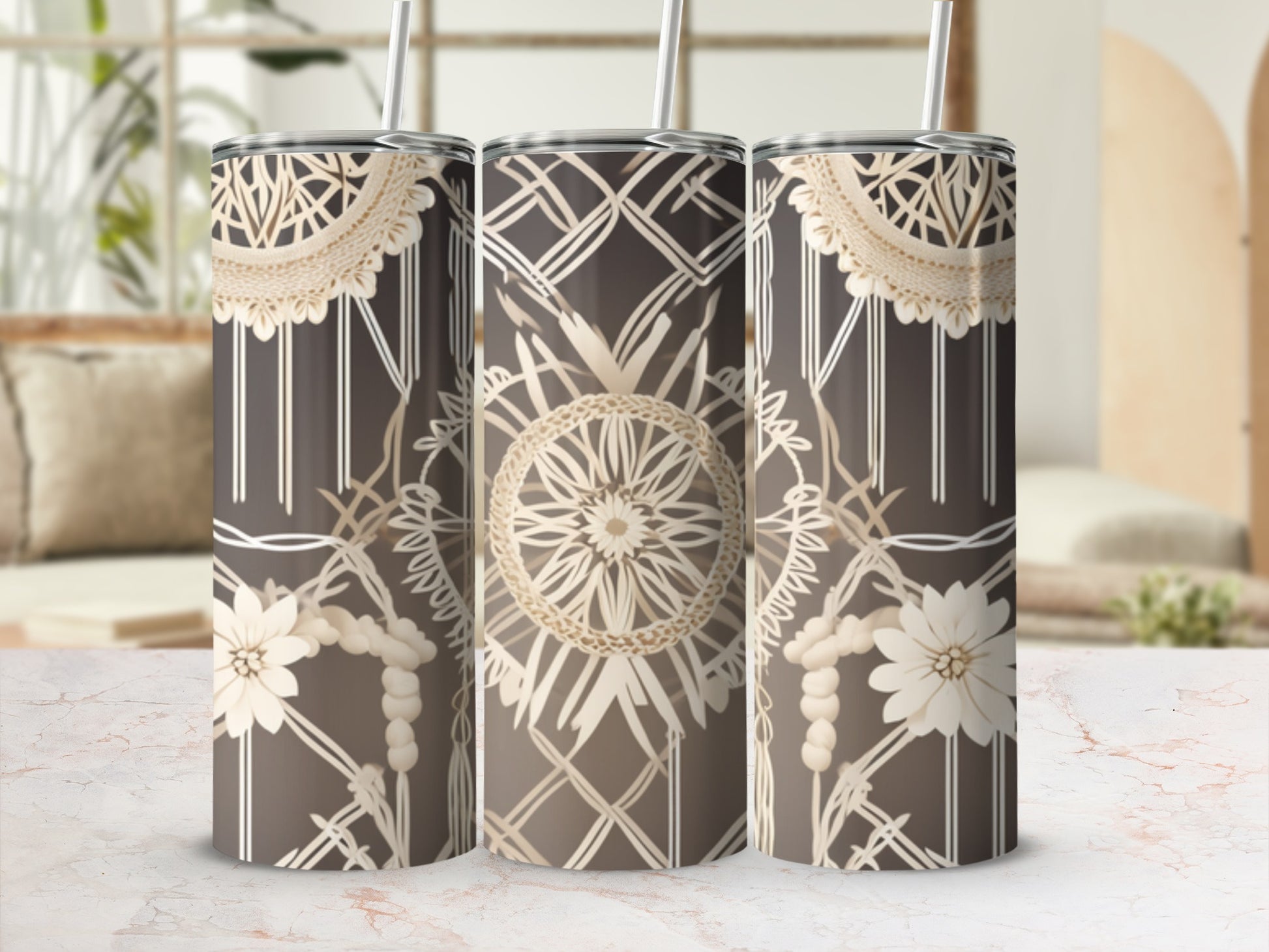 Brown tumbler with geometric and floral mandala design, includes straw.